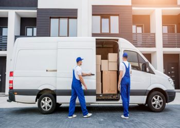 Two movers in blue overalls load cardboard boxes into a white moving van in front of a modern apartment building.